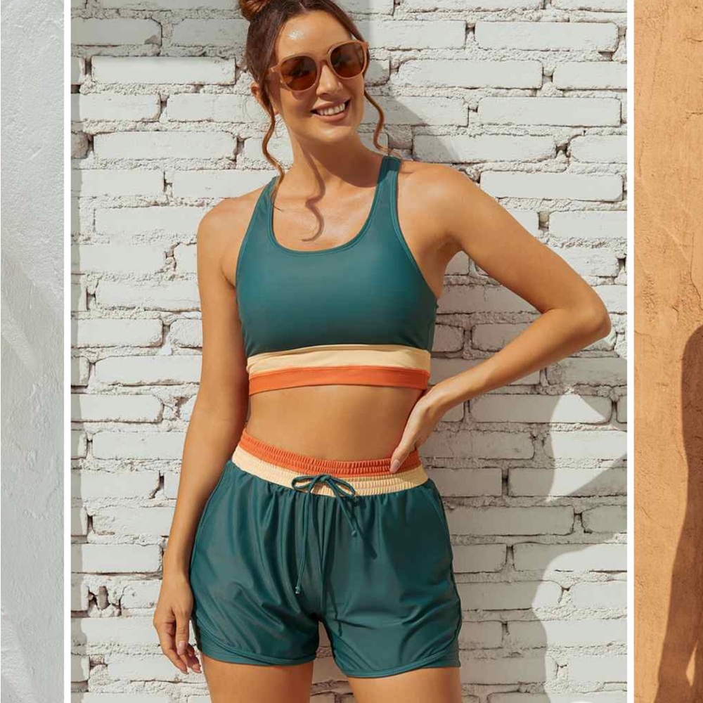 Seafancy. Teal Colorblock Sporty Bikini Top And High-Waist Boy Shorts.